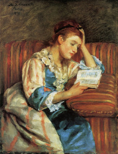 Art Prints of Mrs. Duffee Seated on a Striped Sofa Reading by Mary Cassatt