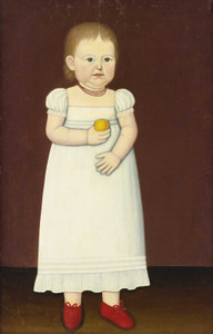 Art prints of Portrait of a Young Child in Red Shoes Holding a Peach by John Brewster Jr.