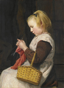 Art Prints of Knitting Girl with Basket by Albert Anker