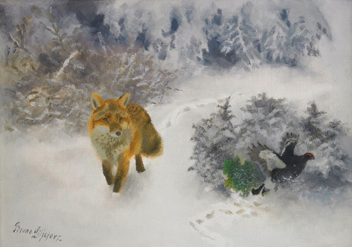 Art Prints of Fox and Black Grouse in a Winter Landscape by Bruno Liljefors