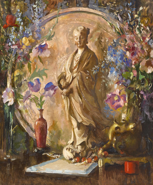 Art Prints of Still Life with Flowers and Oriental Statue by Edmund Charles Tarbell