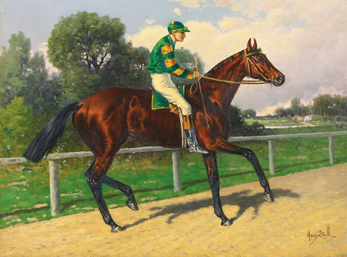 Art Prints of Bay with Jockey Up in Green and Yellow Silks by Henry Stull