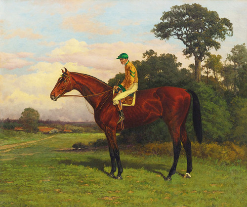 Art Prints of Jockey on a Bay in Green and Yellow Silks by Henry Stull