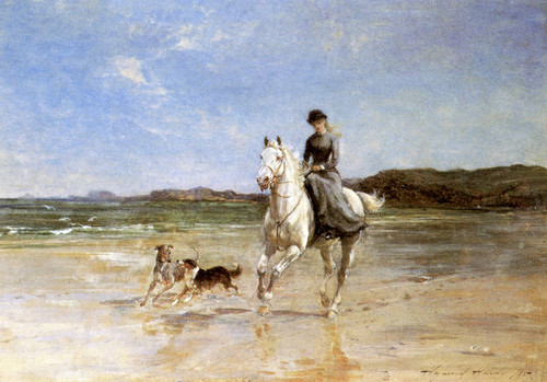Art Prints of A Girl on a Grey Horse Cantering with Two Dogs by Heywood Hardy