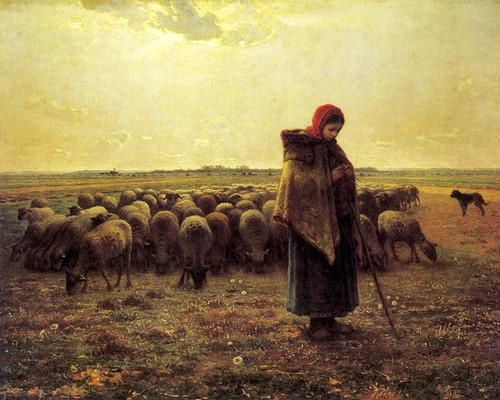 Art Prints of Shepherdess Keeping Her Sheep by Jean-Francois Millet