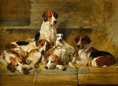 Art Prints of Foxhounds and White Terrier in a Kennel by John Emms