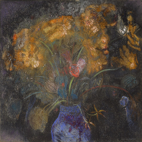 Art Prints of Orange Flowers in a Blue Vase on Black by Odilon Redon