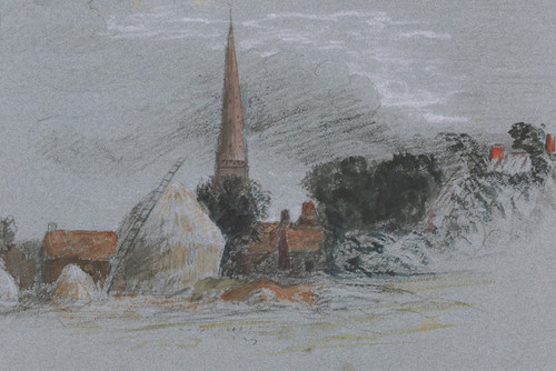 Art Prints of Landscape Study, a Haystack Near a Church by Peter De Wint