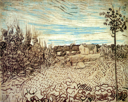 Art Prints of Cottages with a Woman Working in the Foreground by Vincent Van Gogh