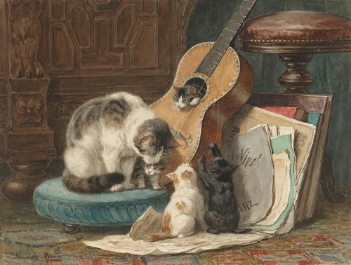 Art prints of The Guitar Lesson II (watercolor) by Henriette Ronner Knip