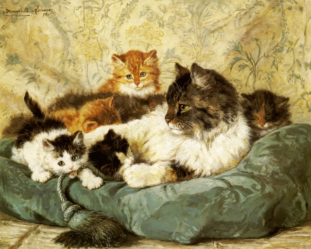 Art Prints of A Cat with Kittens by Henriette Ronner Knip