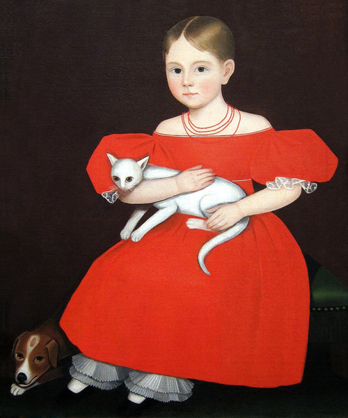 Art Prints of Girl in Red Dress with Cat & Dog by Ammi Phillips