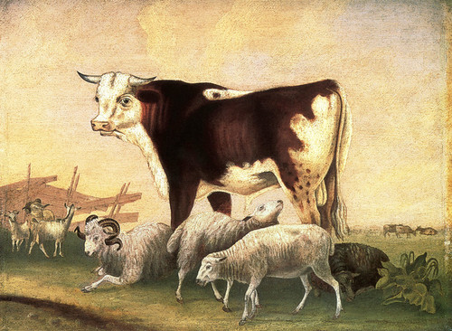 イギリス購入★木製額入り絵 PIG & SHEEP Art Prints of James Cornell's Prize Bull, 1846 by Edward Hicks