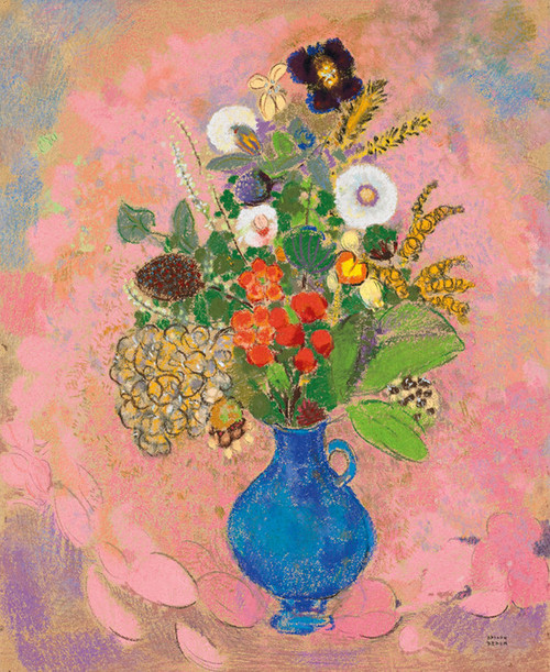 Art Prints of Flowers, Blue vase & Pink Background by Odilon Redon