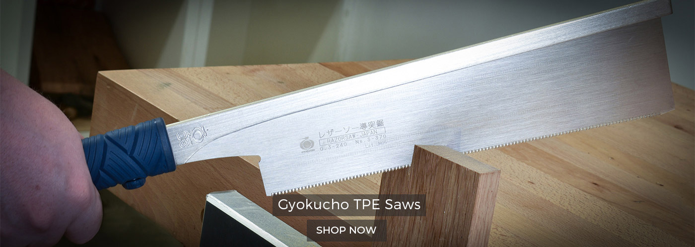 Gyokucho Japanese hand saws traditional with rattan handles and also with the lastest TPE handle in a range of styles and sizes that includes, dozuki, kataba, ryoba, compact and in rip, crosscut and universal teeth 