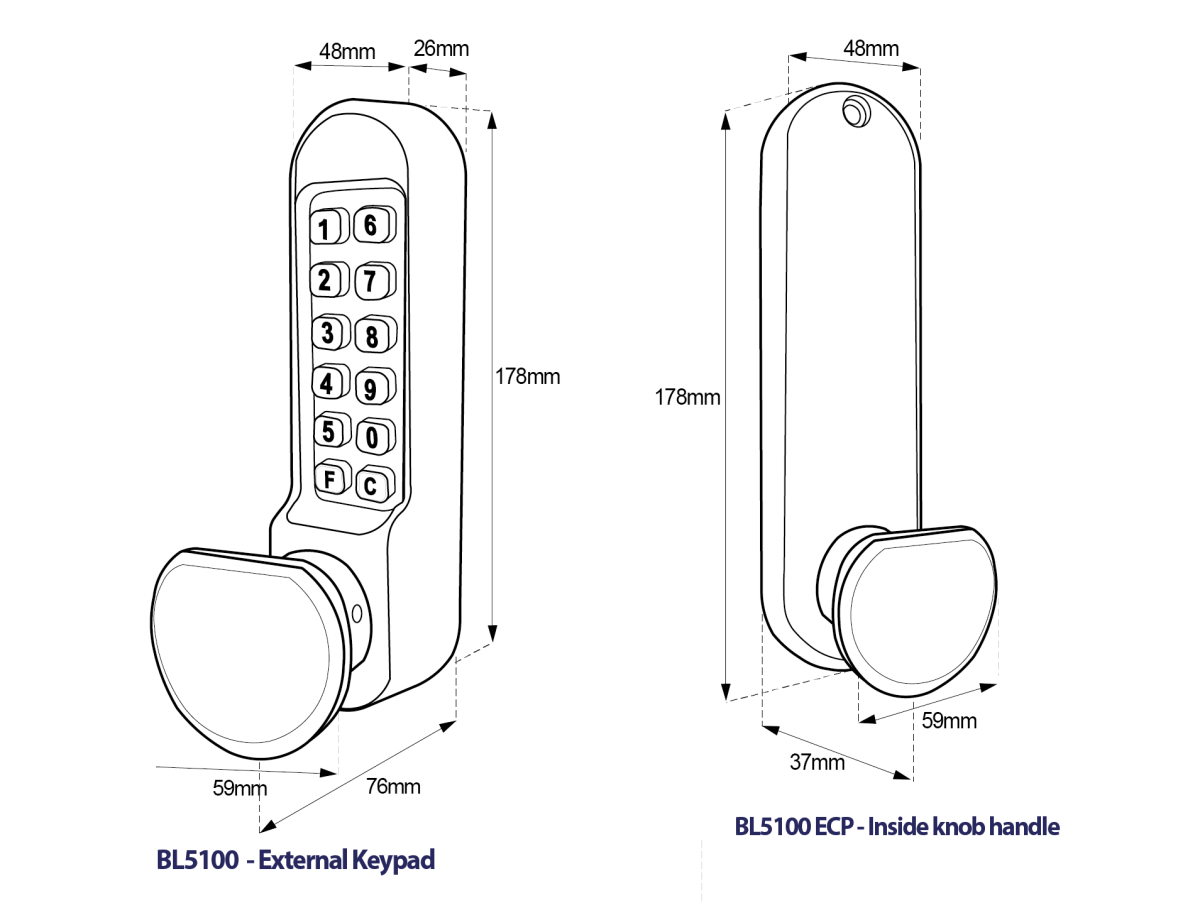 Borg BL5101SC BL5101SS knob knob back-to-back mechanical digital lock dimensional drawing showing both outside and inside knob keypad unit height width depth and profile measurements for the BL5101 satin chrome and satin stainless variants