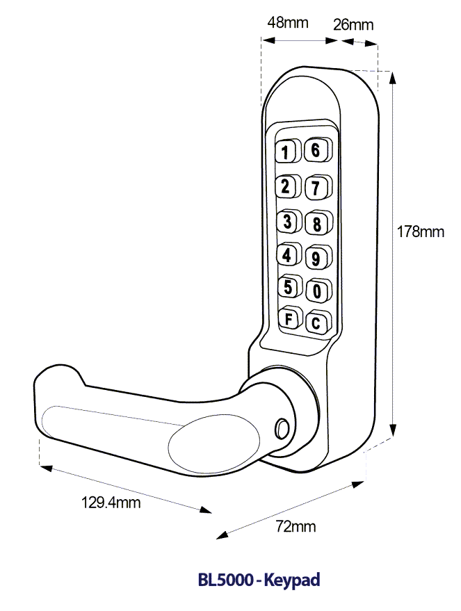 Borg BL5151SC mechanical digital lock lever keypad side dimensional drawing showing lever handle height width and depth measurements for the BL5000 series lever keypad unit satin chrome