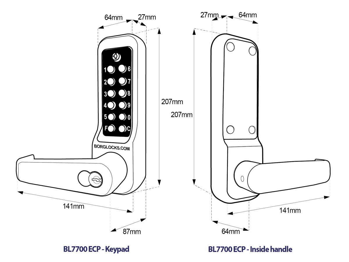 Borg BL7701 ECP heavy duty mechanical digital lock dimensional drawing showing outside keypad lever with SFIC key override in handle and inside lever handle with height width and depth measurements for the BL7700 ECP series