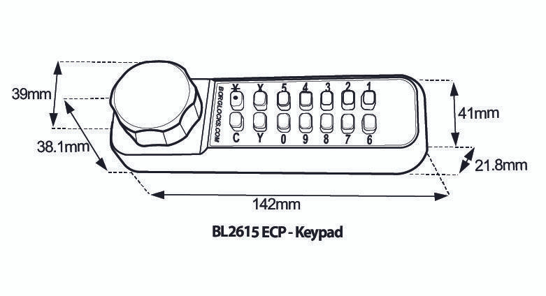 Borg BL2615MGPROECP outside keypad unit dimensional drawing showing keypad body height width and depth profile dimensions for horizontal mount installation