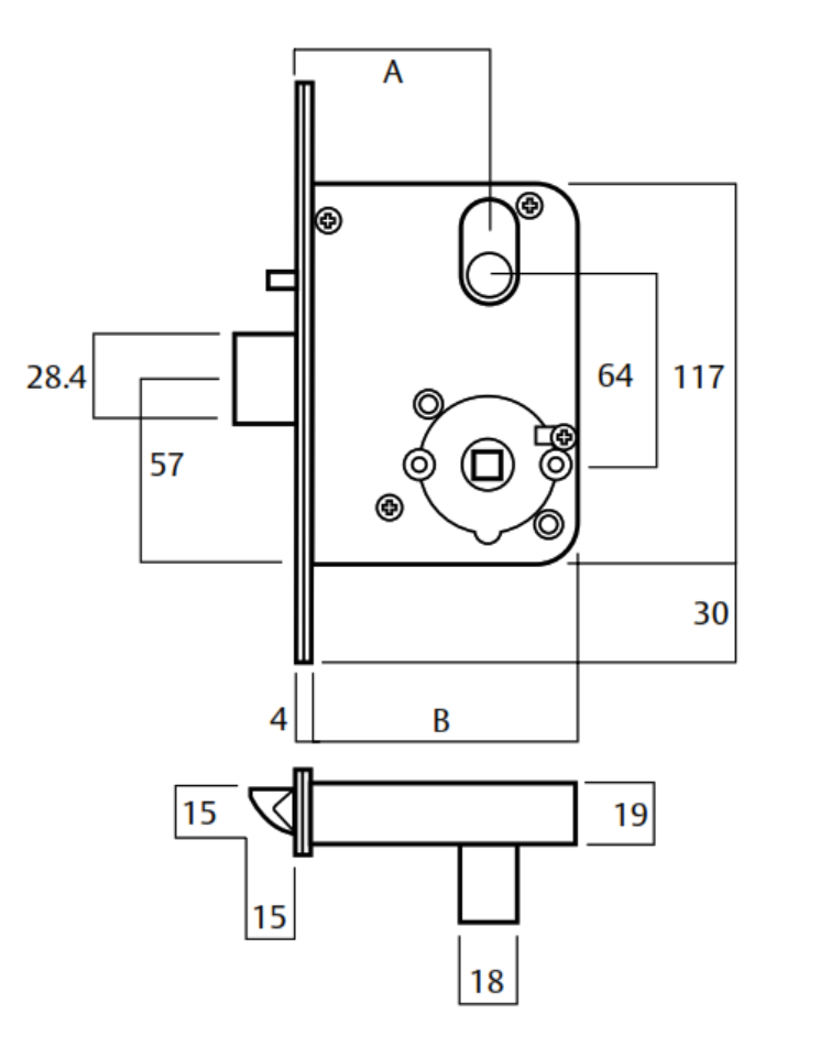 Lockwood Synergy 3570 mortice lock body dimensional drawing showing case, cylinder and turn hub positions, backset and bolt profile