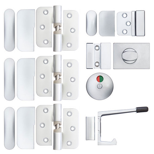 Metlam Partition Hardware Kit Hold Open with 3 Hinges - Satin Chrome Pearl