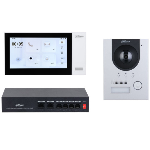 Dahua IP Video 1 Button Residential Intercom Kit with Surface Mount Door Station - 7inch Touch Screen Monitor and POE Switch