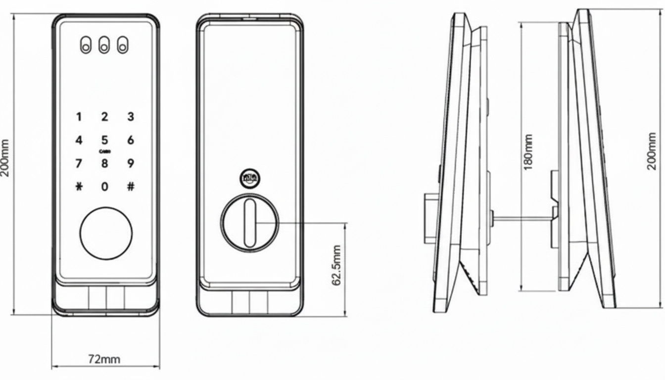 Vault smart lock and mortice dimensions drawing showing overall size, handle centres and fixing positions