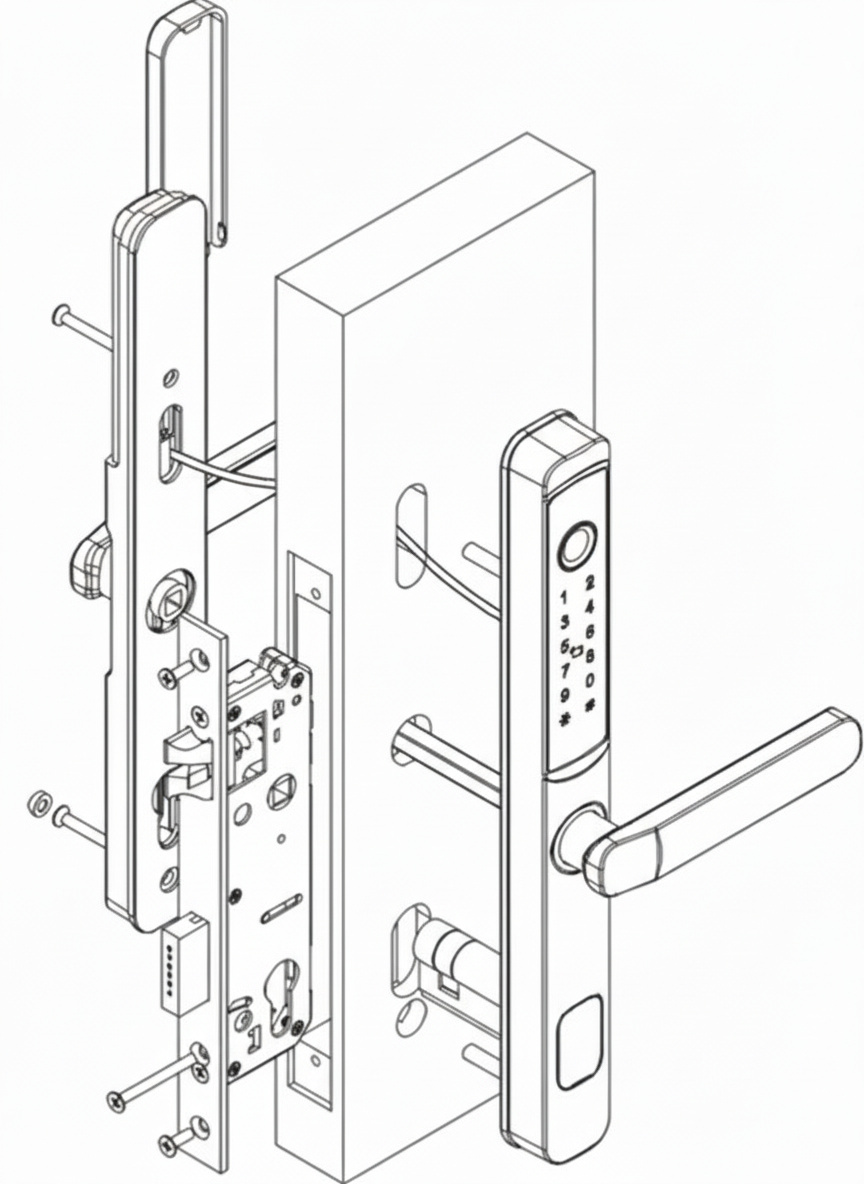 Example installation showing internal and external lock body assembly fitted to door with mortice lock