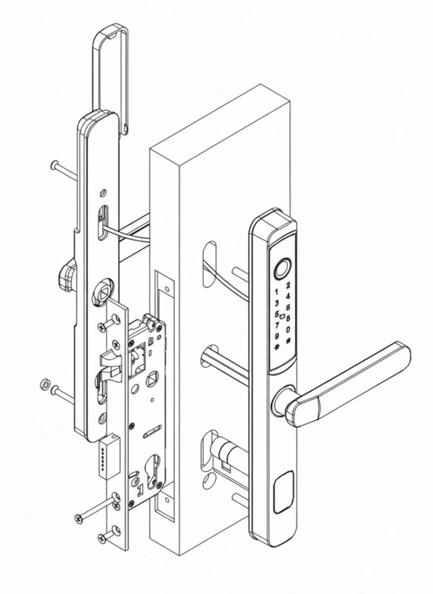 Typical exploded view showing smart lock assembly components including mortice, exterior and interior bodies