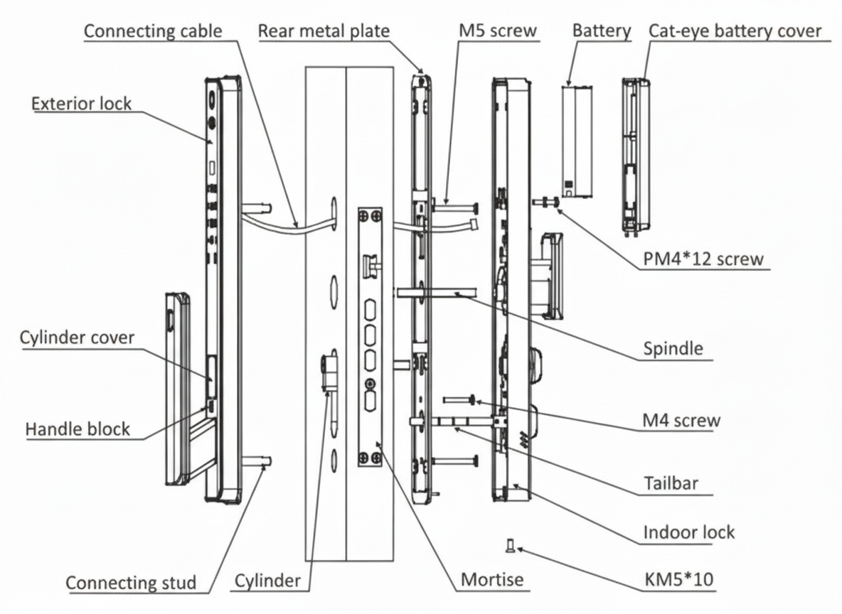 Vault smart lock assembly and inclusions drawing showing included parts and installation layout