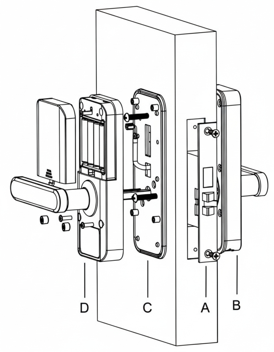 Exploded lock assembly drawing showing A lock mortice, B exterior assembly, C mounting plate and D interior assembly