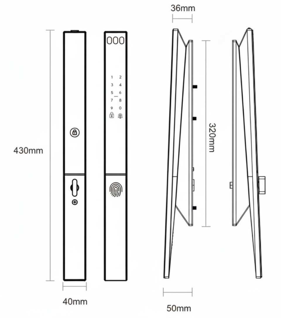 Vault smart lock dimension drawing showing overall size, fixing centres and installation measurements
