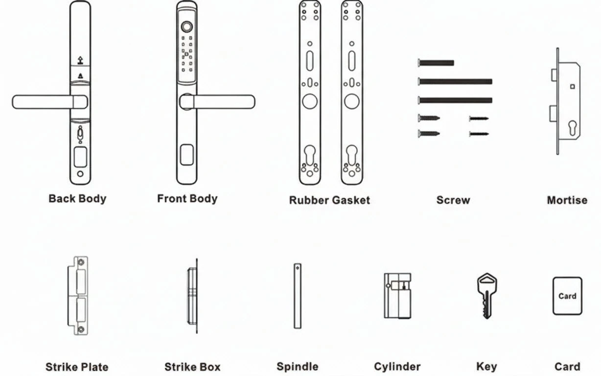 Vault smart lock what's in the box drawing showing included components and hardware