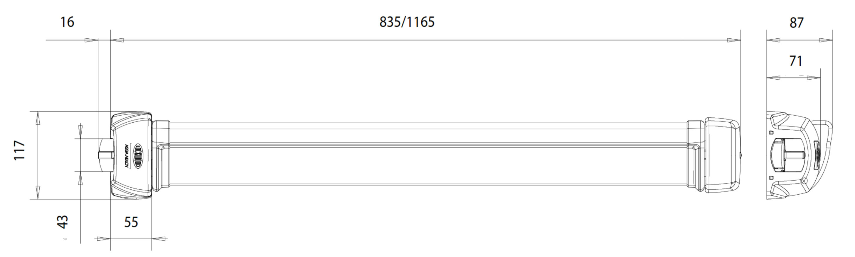 Lockwood FLUID FE200 2 Point Exit Device Dimensions Detail
