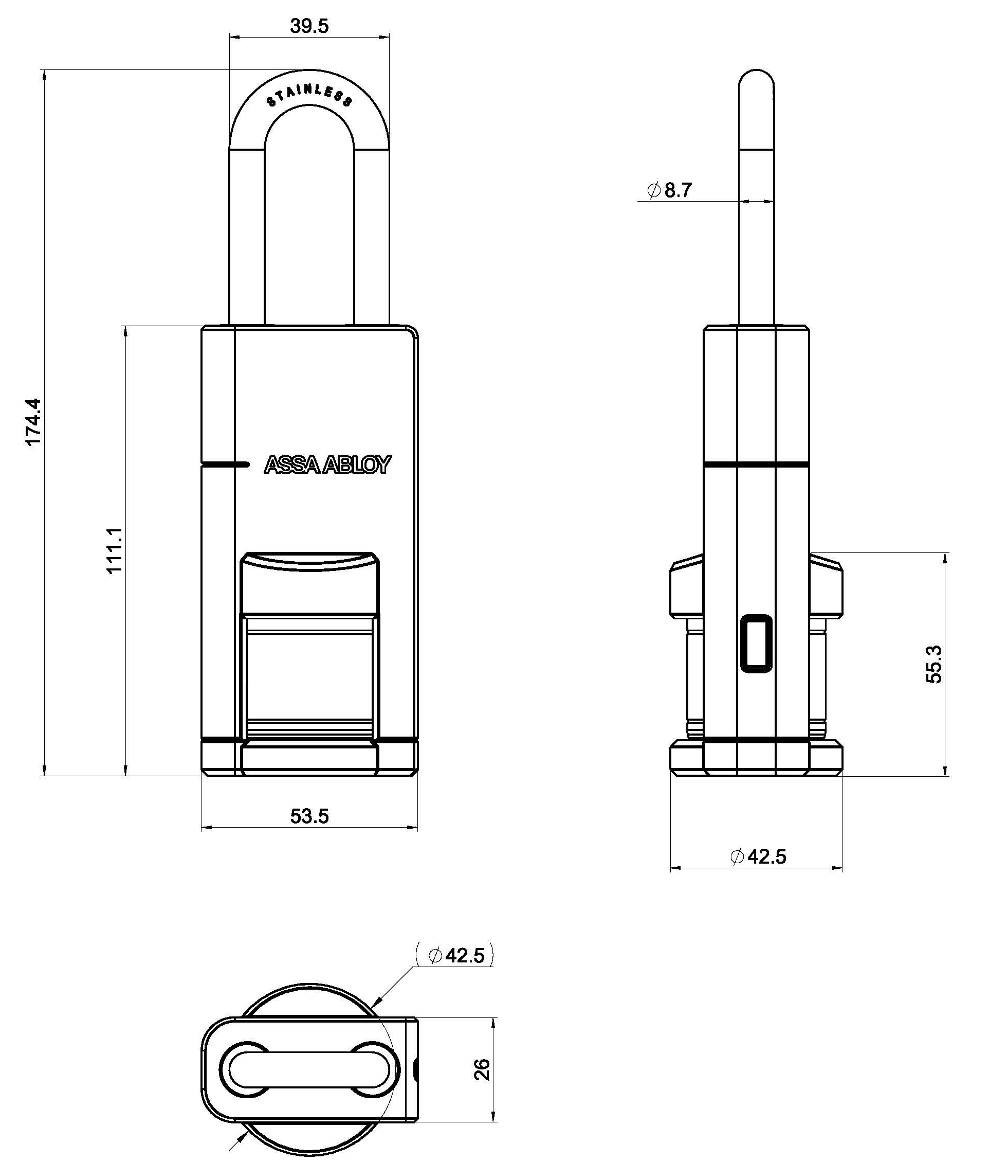 ASSA ABLOY Aperio P100 Wireless Padlock Dimensions Drawing