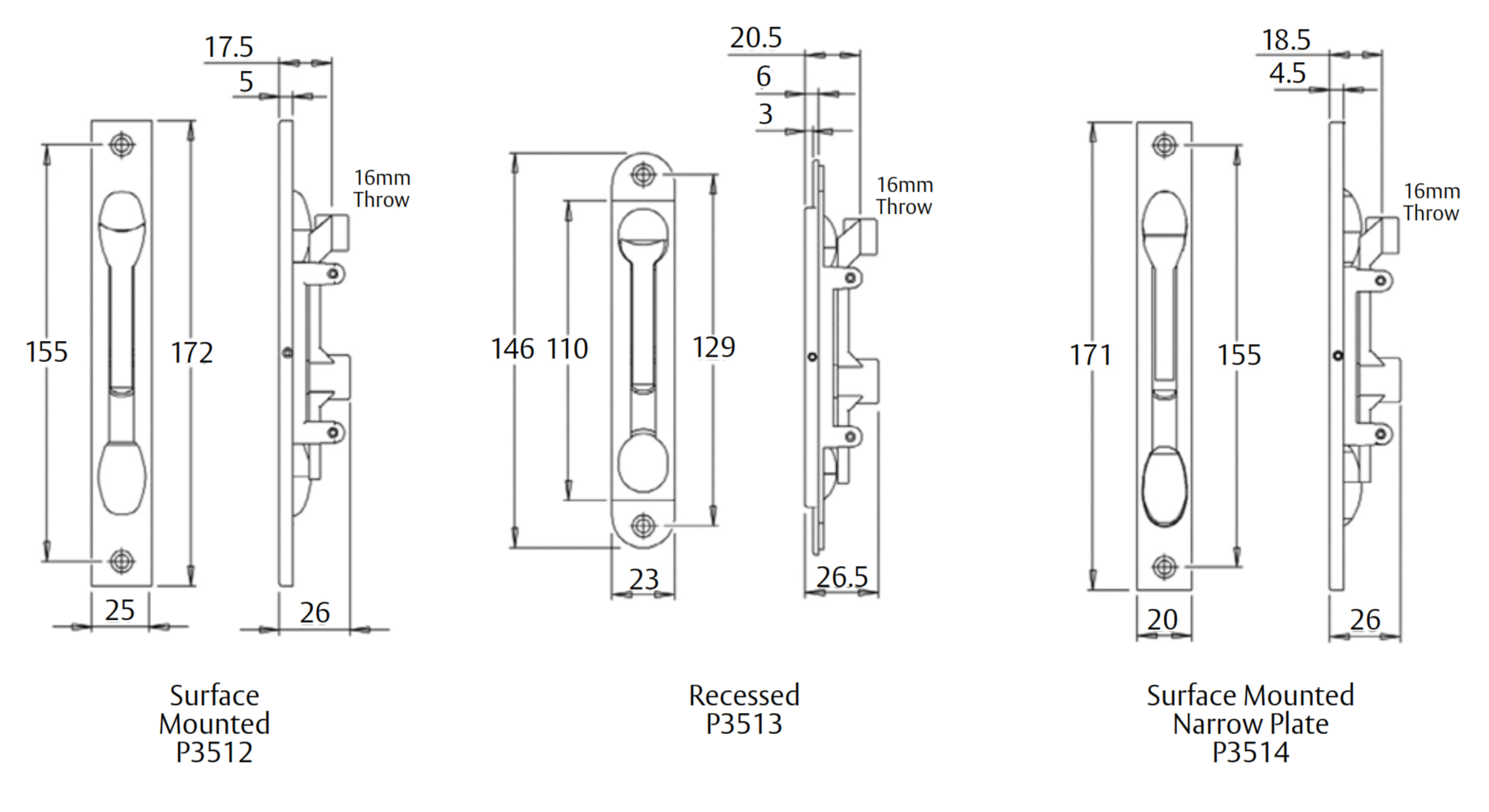 Interlock Flush Bolt Recess Mounted dimensional drawing