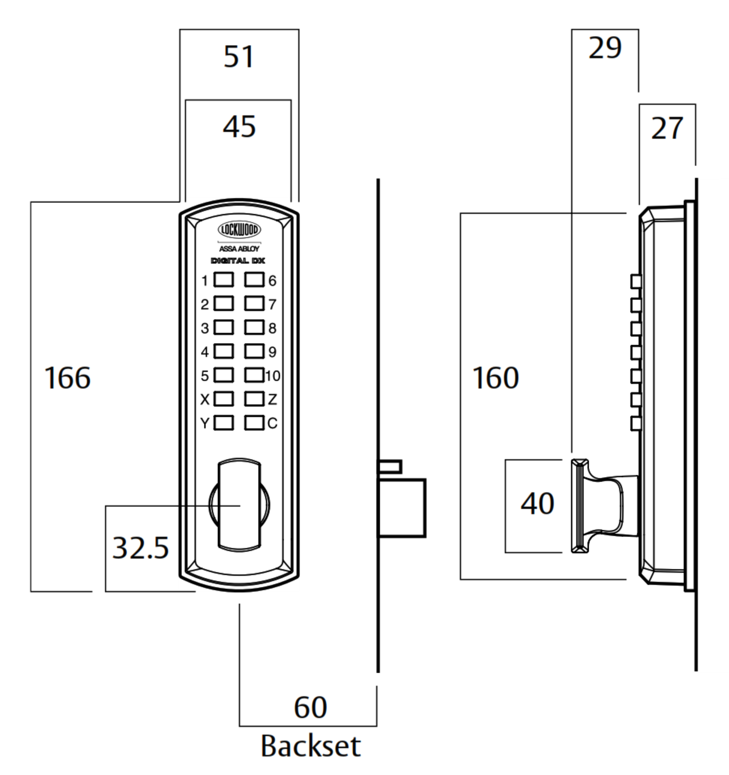 Lockwood 5572DX Digital DX Mortice Lock dimensions
