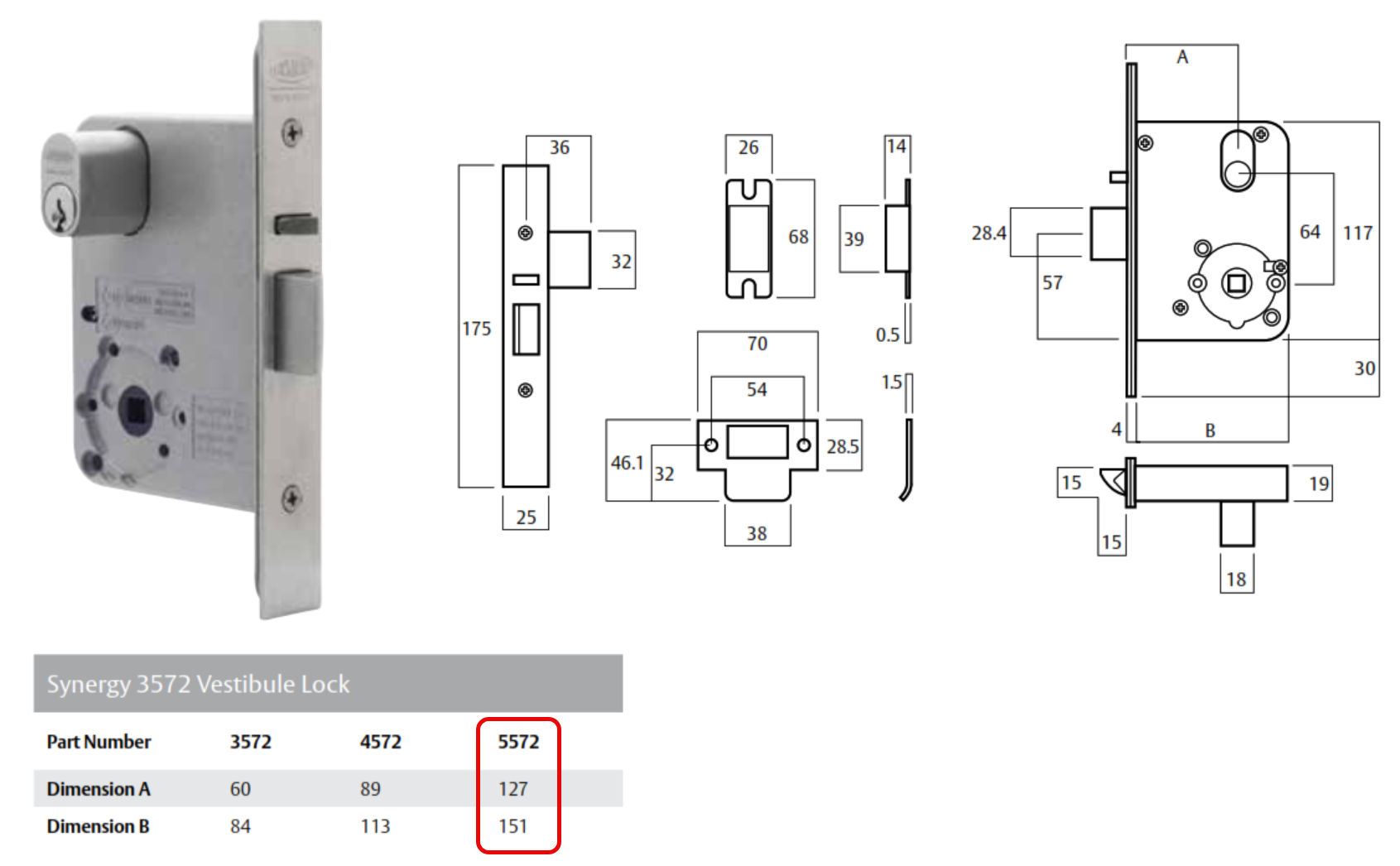Lockwood 5572DX Digital DX mortice lock dimensions