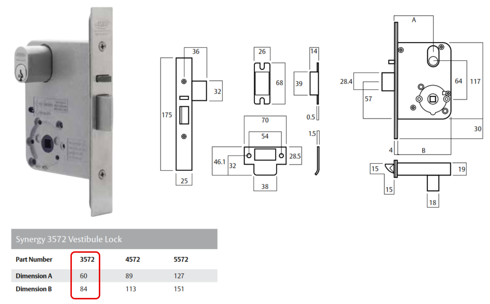 Lockwood 3572DXKO mortice lock dimensions