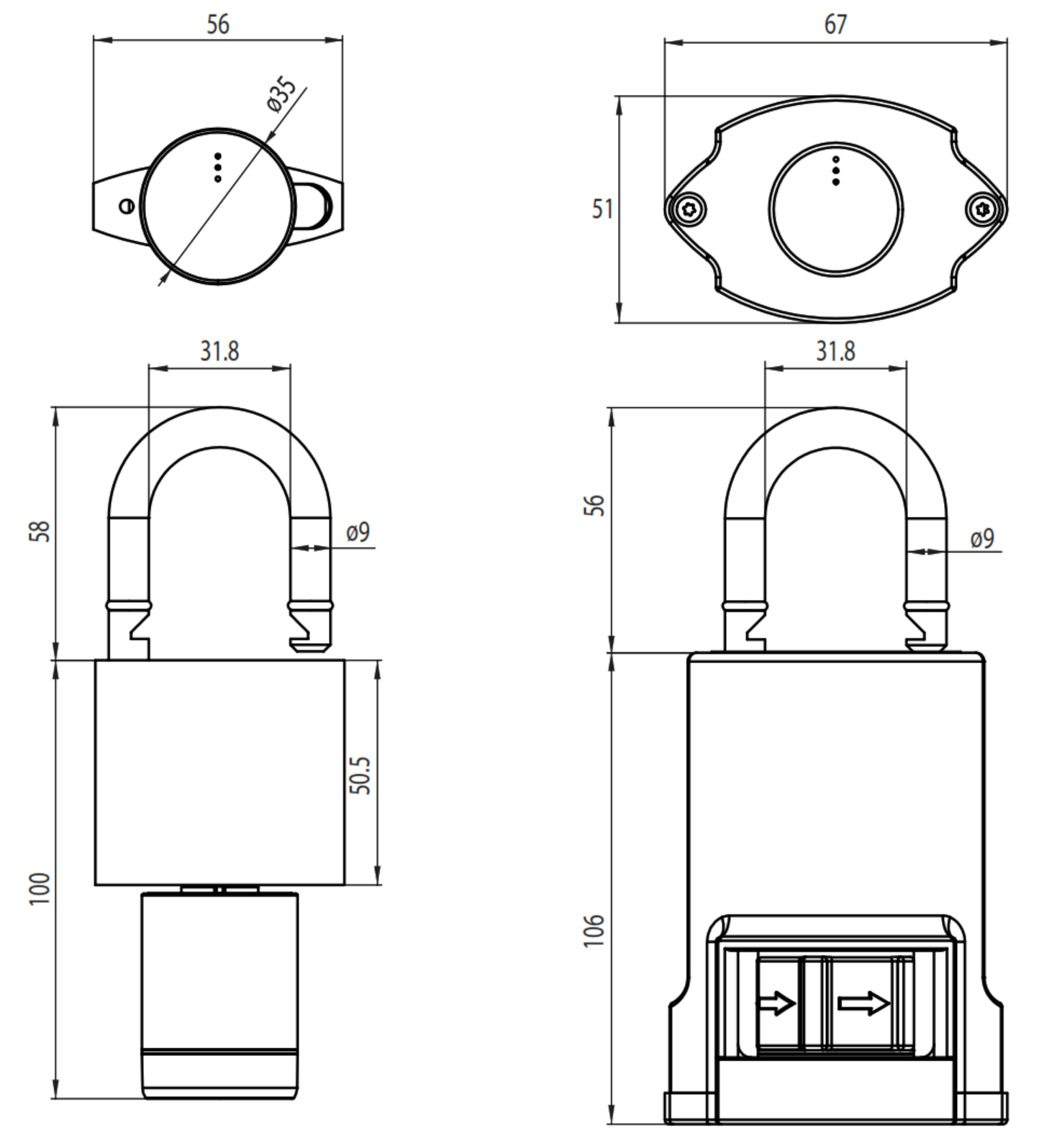 SMARTair i-gate electronic padlock dimensions diagram