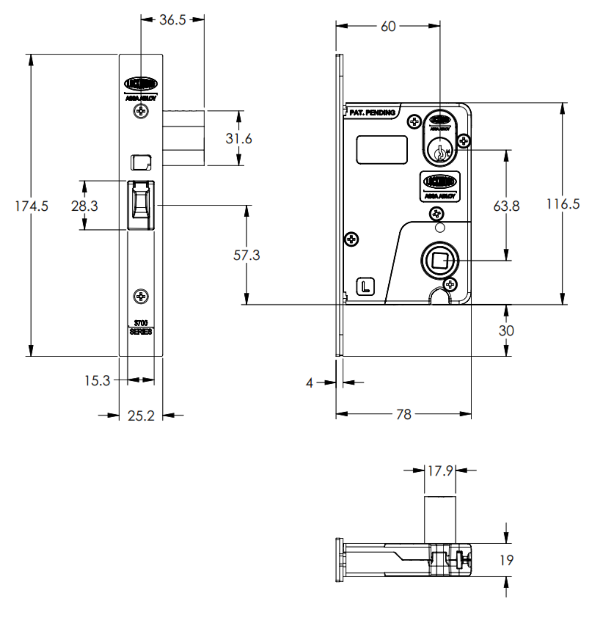 Lockwood 3773E sliding door mortice lock dimensions diagram