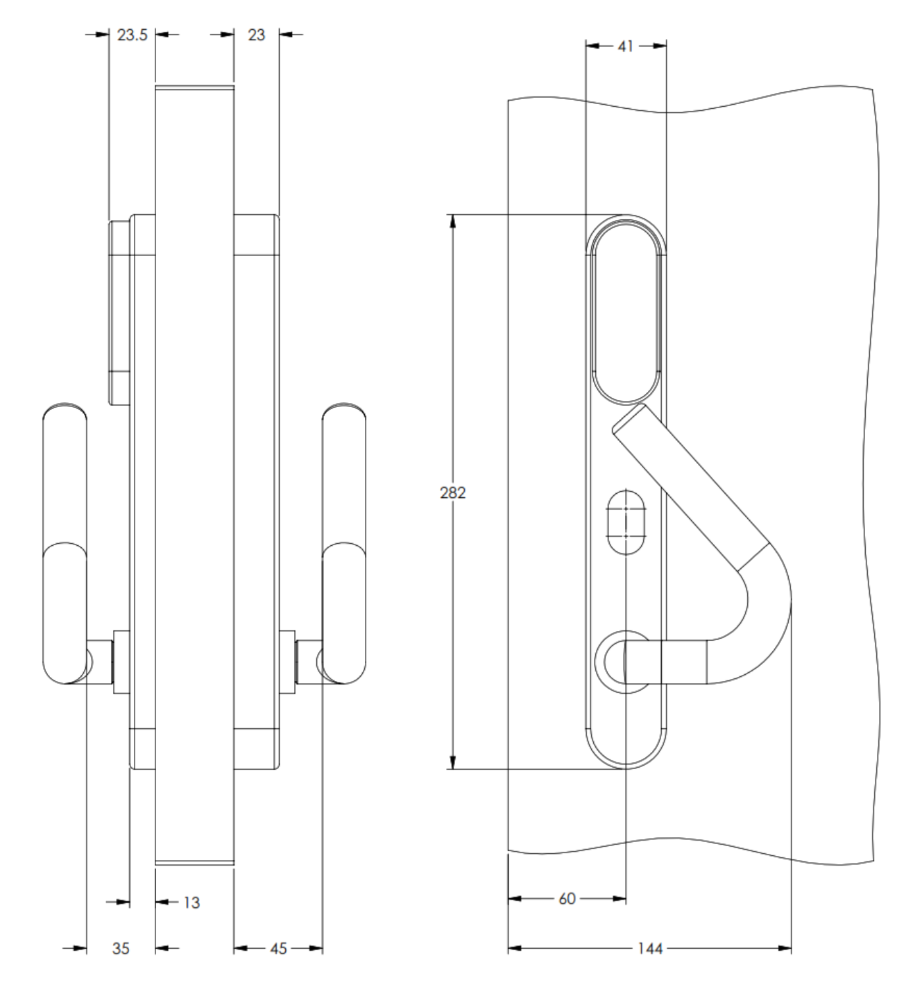 SMARTair i-MAX lever handle dimensions drawing for 3773E sliding door escutcheon