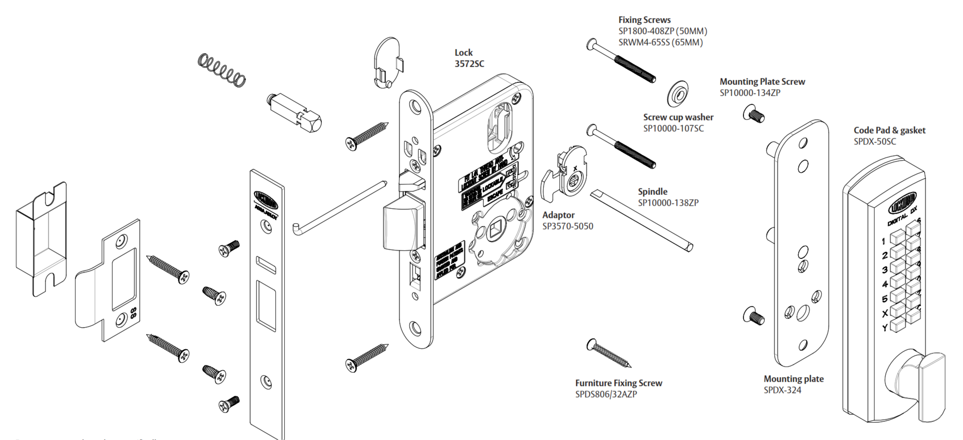 Exploded view technical drawing of Lockwood DX keypad and mortice lock components