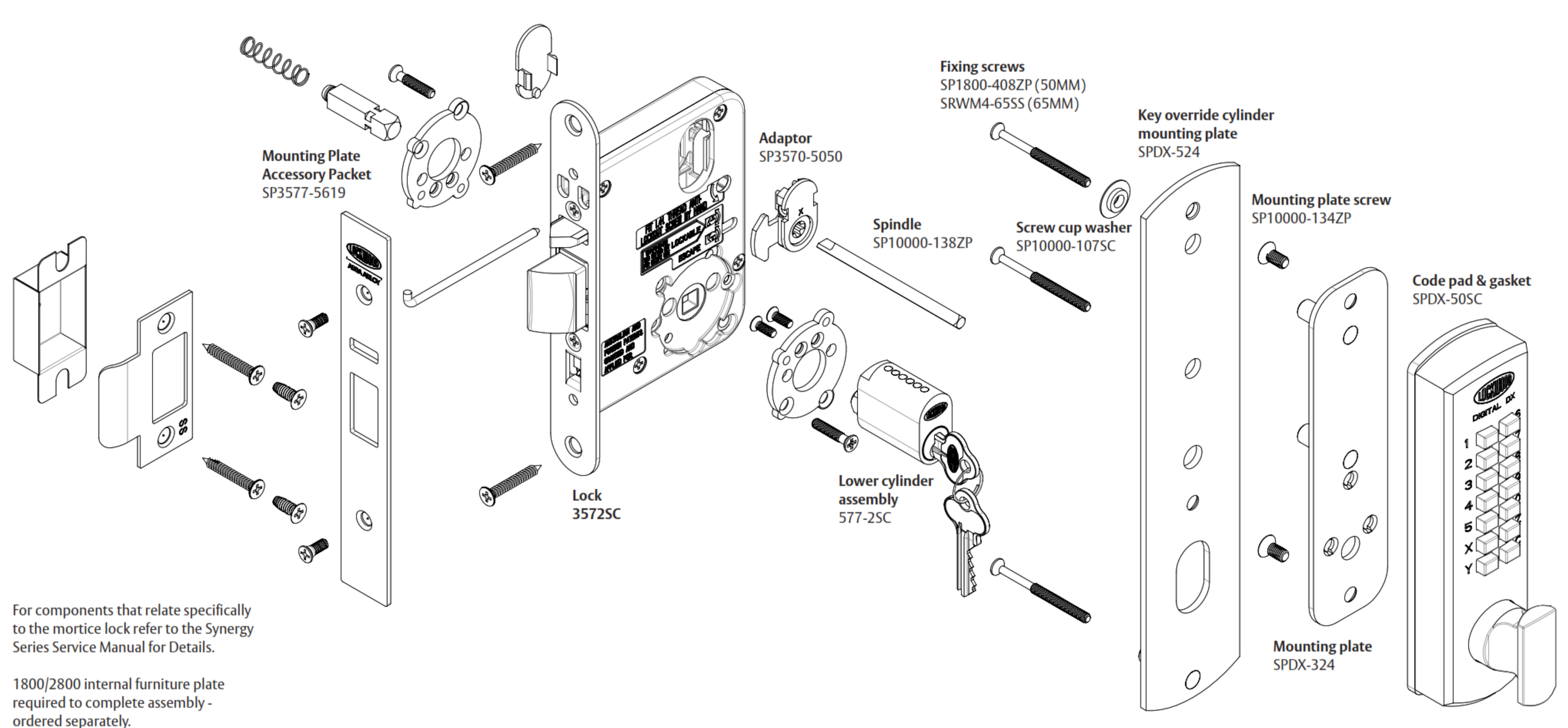 Exploded view of Lockwood key override 3572 4572 and 5572 mortice series parts and components