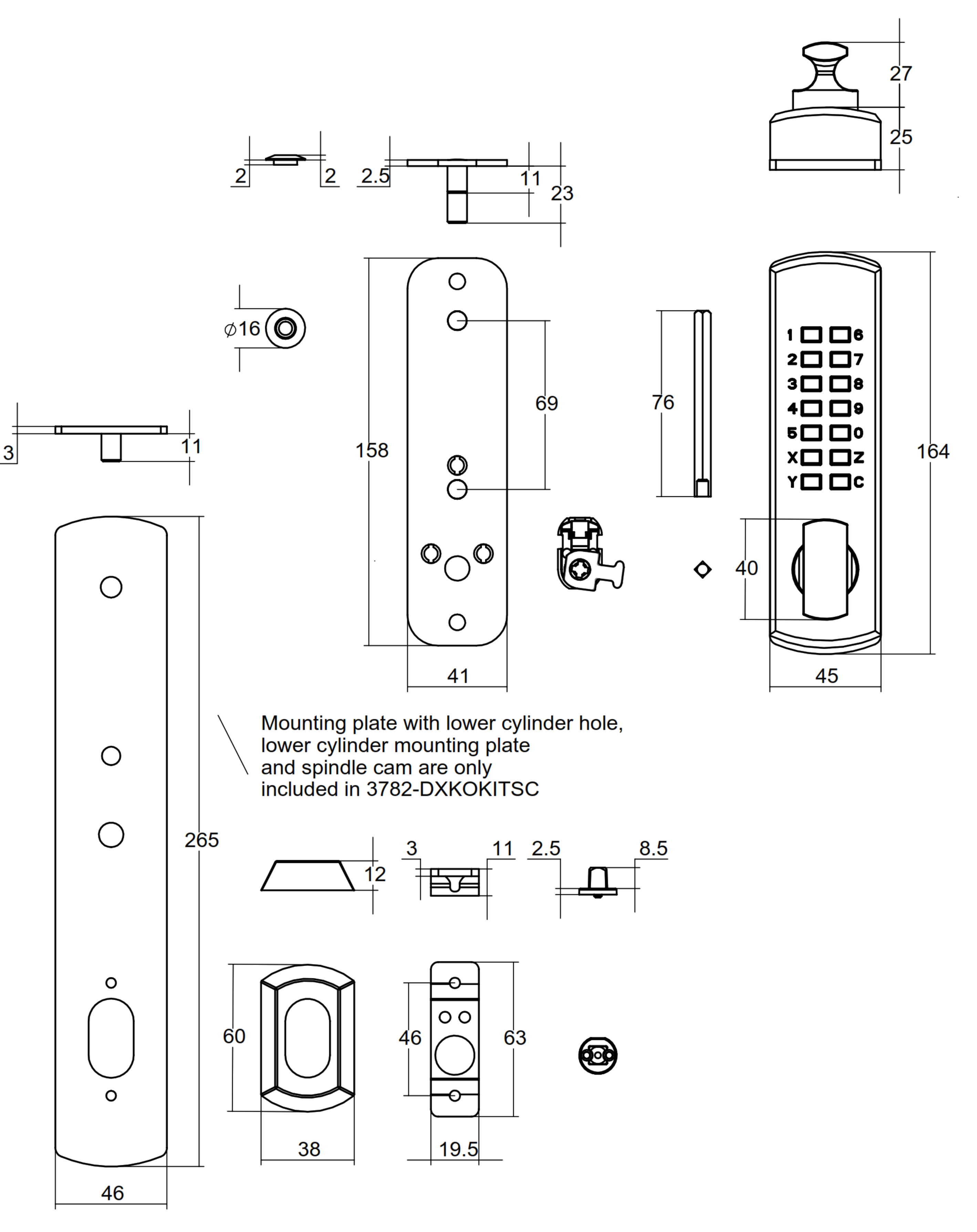 Lockwood 3782 DX key override kit dimension diagram