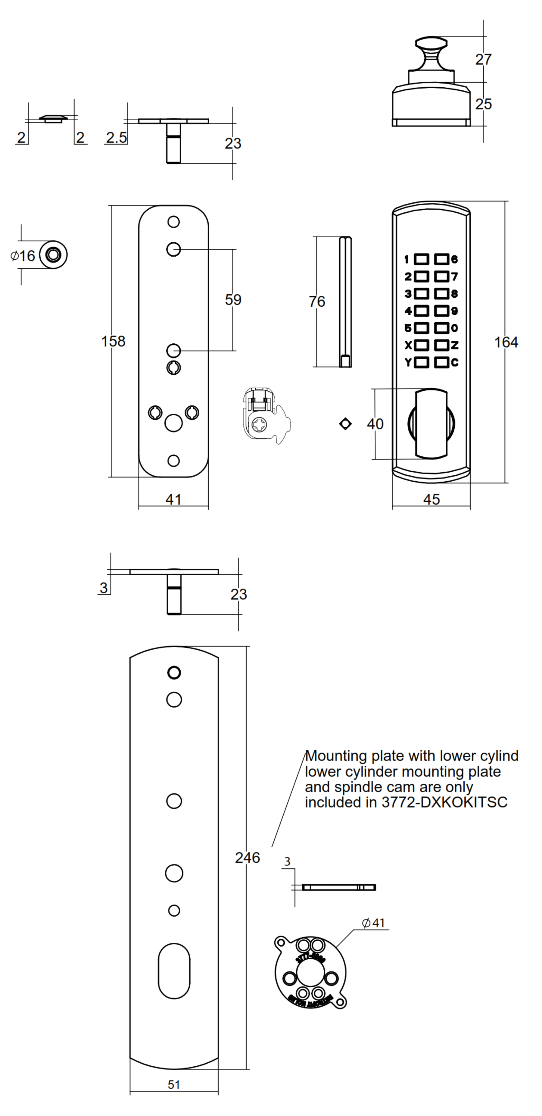 Lockwood 3772 DX key override kit dimension diagram