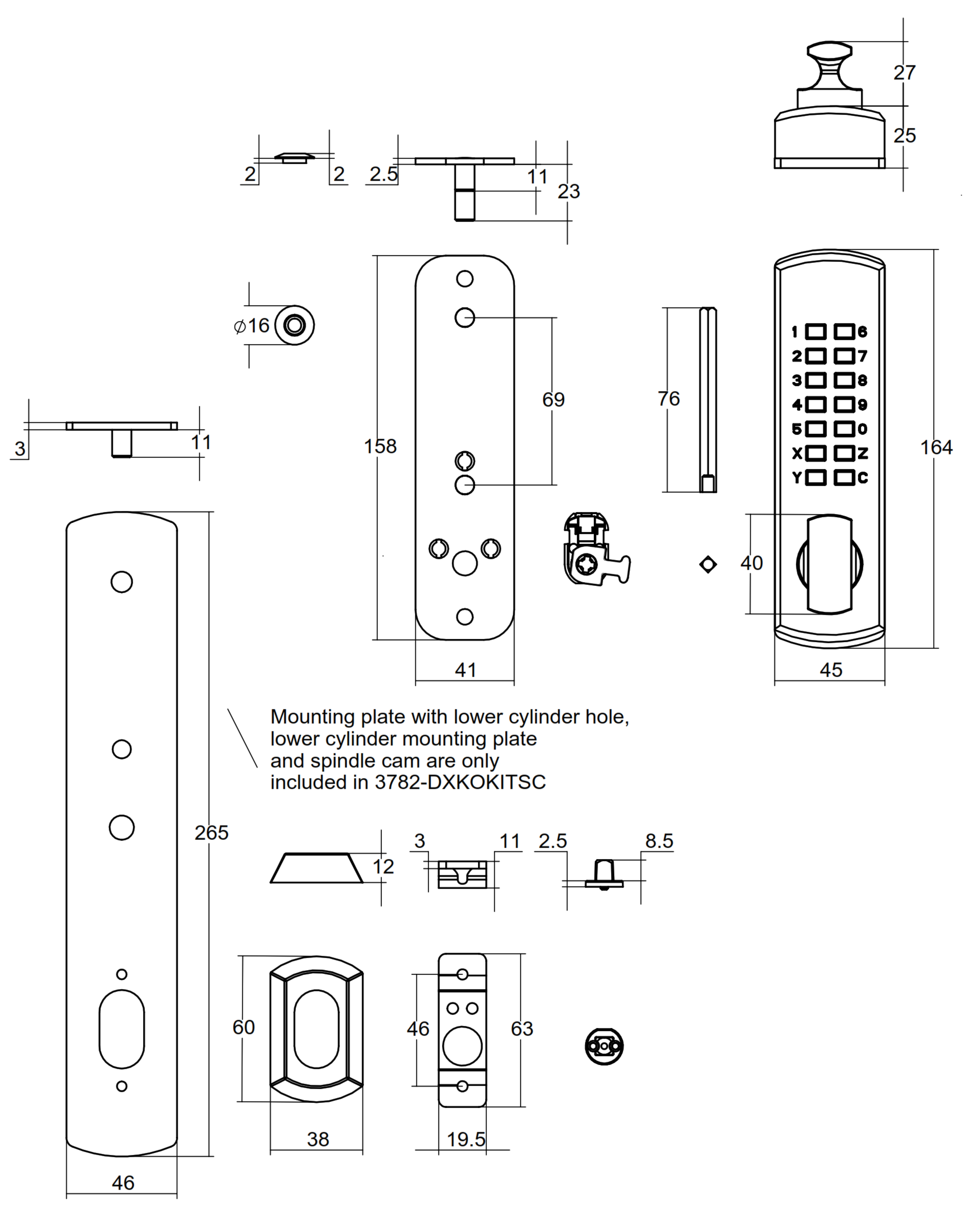 Lockwood 3782 DX kit dimensions and box contents diagram
