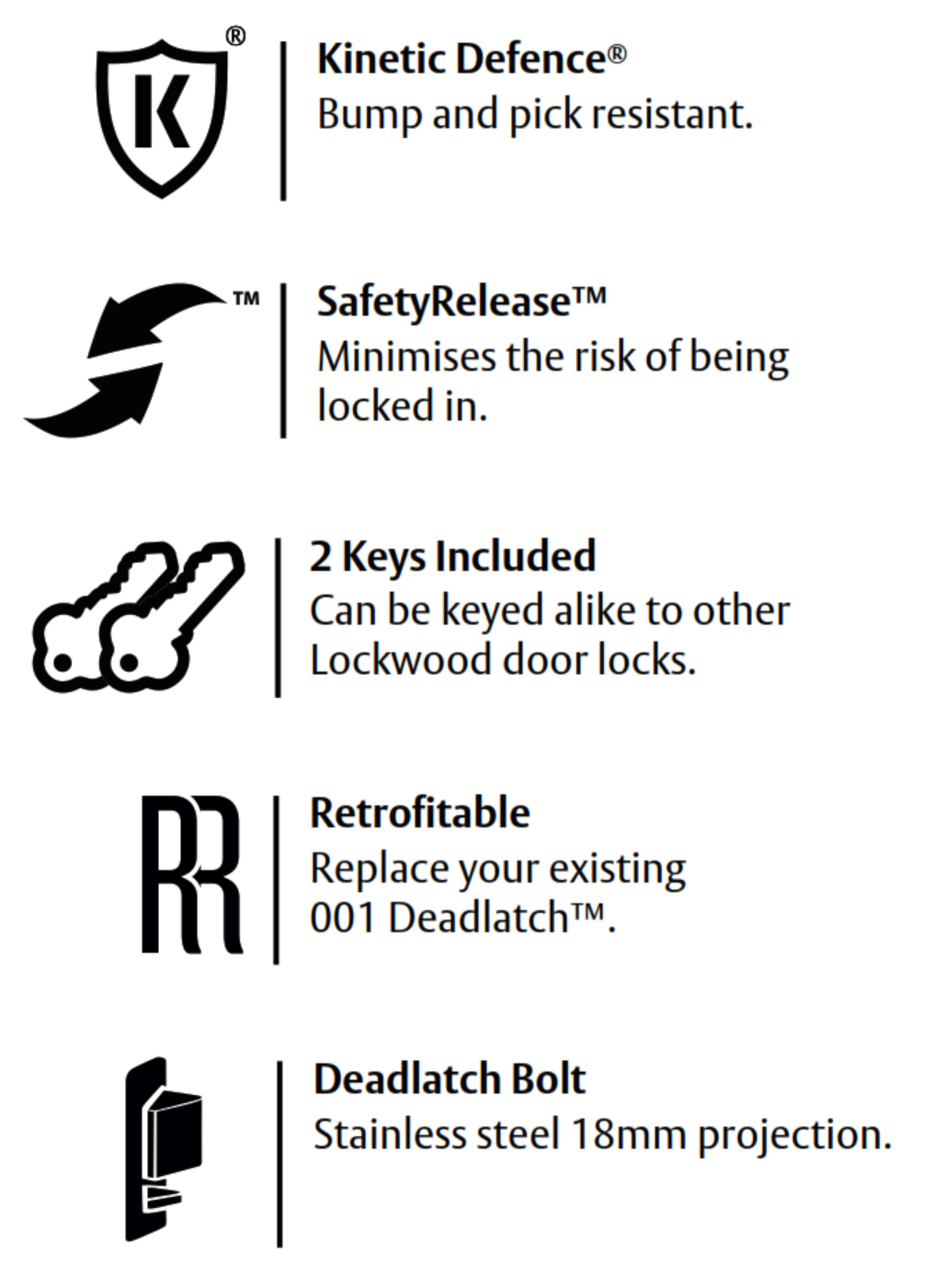 Lockwood 002 deadlatch key features summary