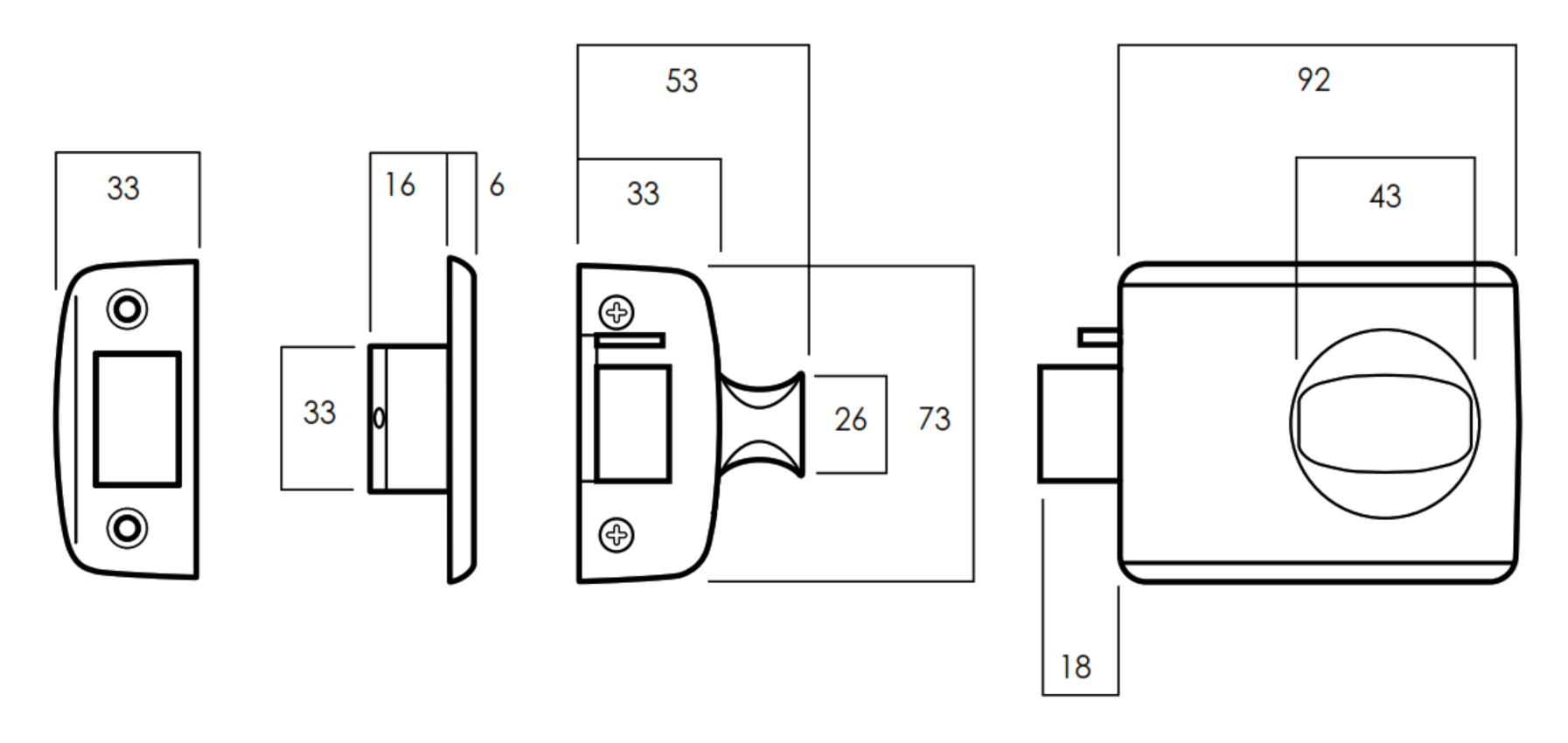 Lockwood 002-4K1SP technical drawing showing latch and strike end and plan profiles