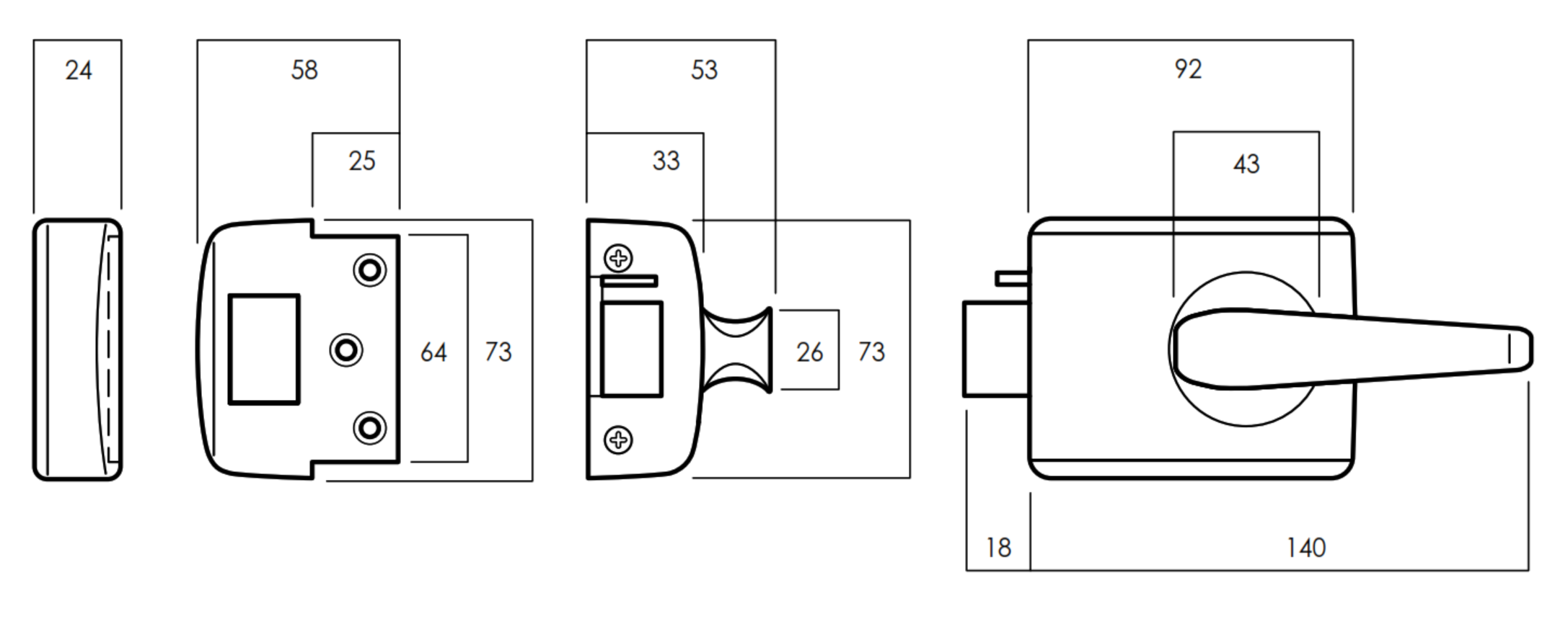 Lockwood 002-1L1SP technical drawing showing latch and timber frame strike end and plan profiles